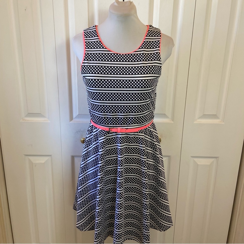 Pinky Black & White Polka Dot Striped Fit & Flare Dress Hot Pink Belt and Trim